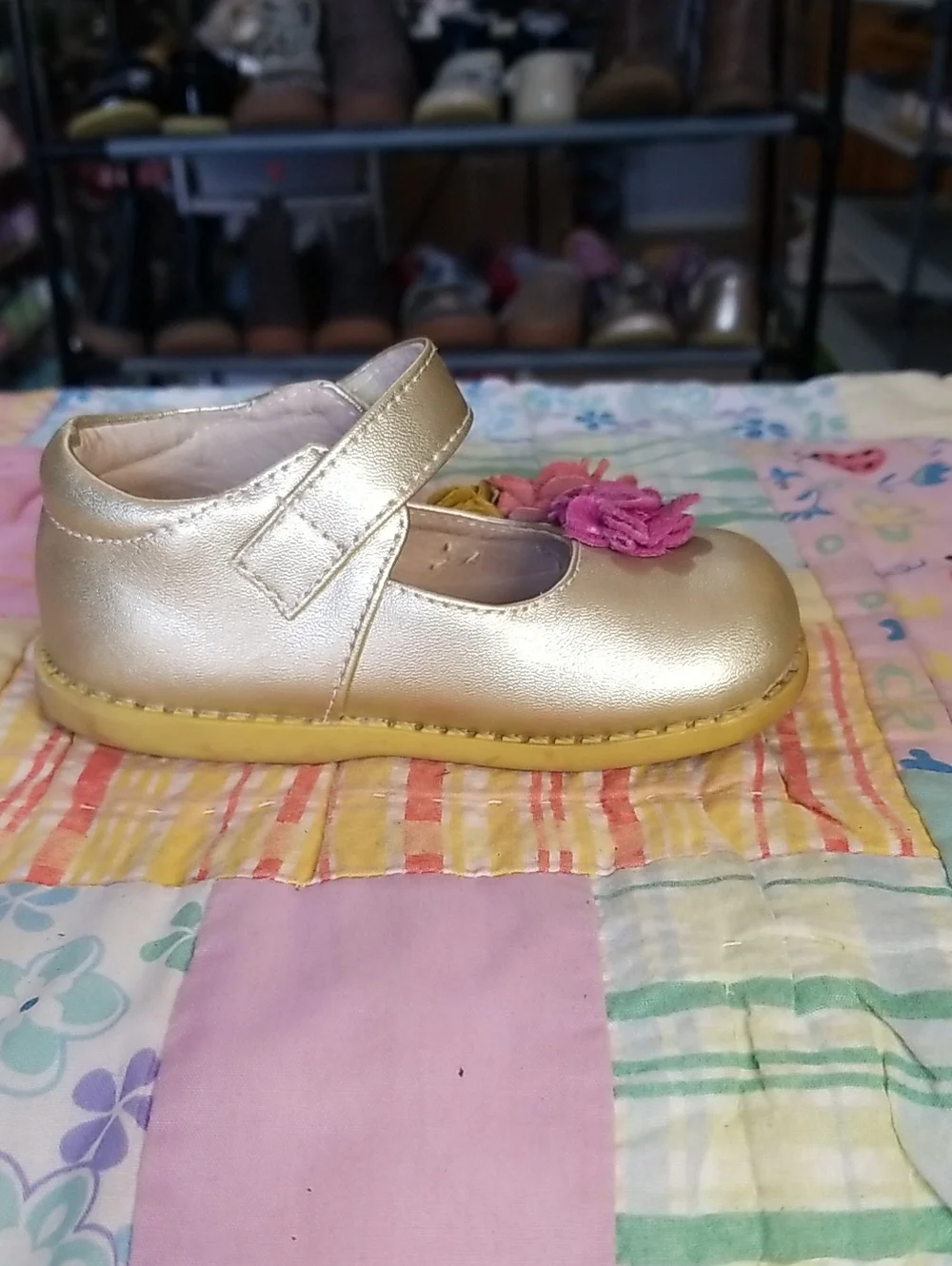 Livie & Luca Metallic Gold Leather Mary Janes w/Pink & Mustard Suede Flowers 6